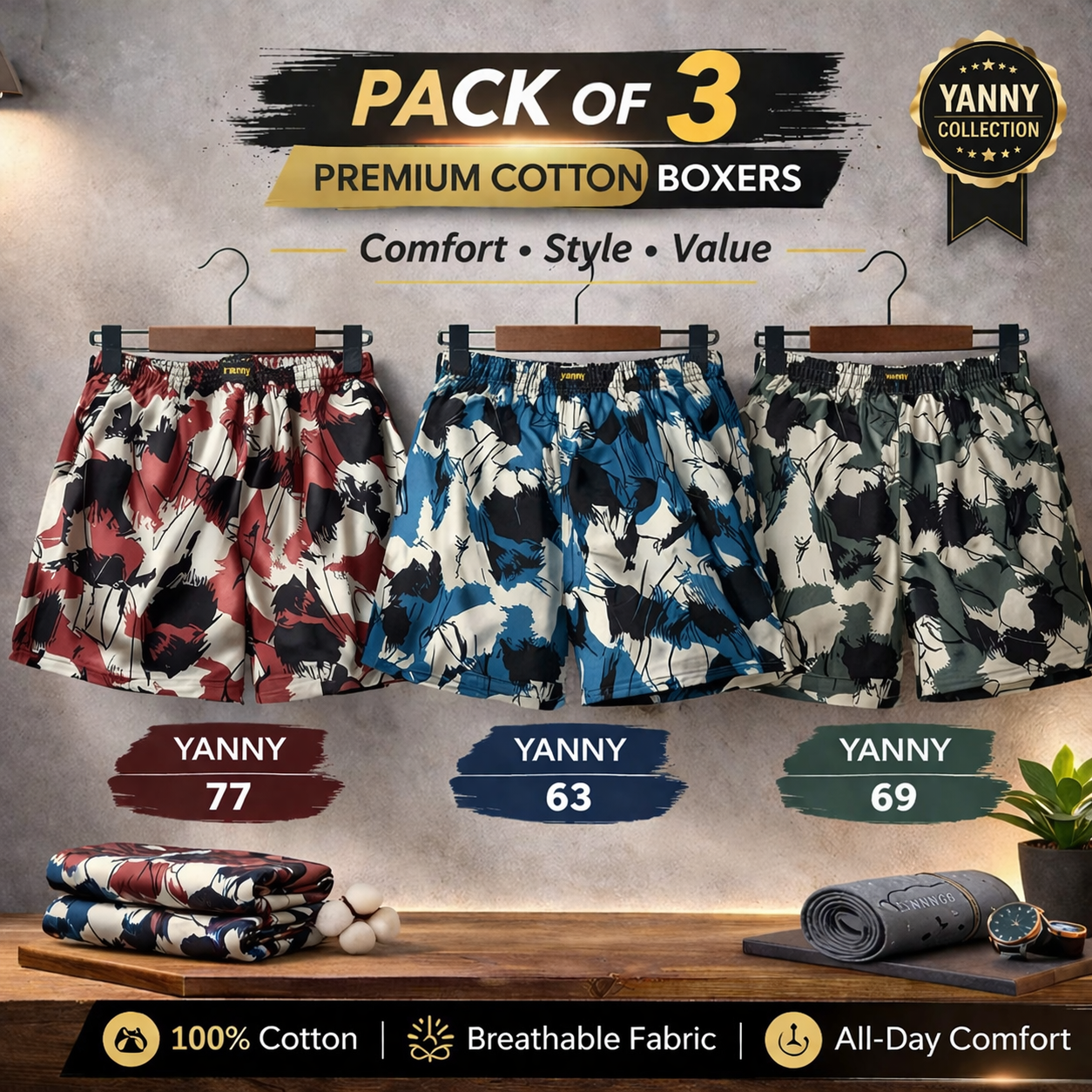 Men & Women Printed Boxer Shorts (Combo Pack of 3) Casual Regular Fit with Back Pocket.