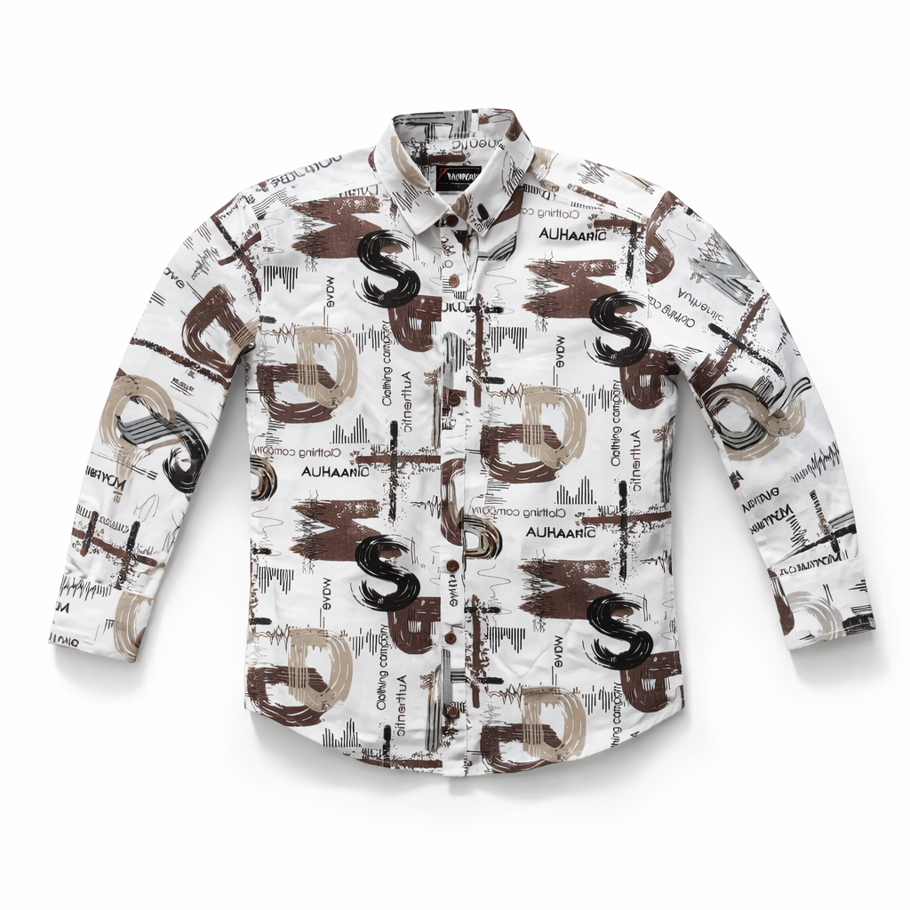 “Boys Printed Casual Shirt | Stylish Full Sleeve Shirt for Kids (2–12 Years) | Trendy Graphic Design | Comfortable (Regular, Brown)