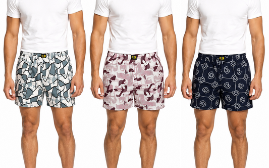 Men & Women Printed Boxer Shorts (Combo Pack of 3) Casual Regular Fit with Back Pocket