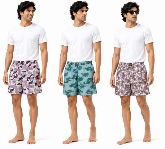 Men & Women Printed Boxer Shorts (Combo Pack of 3) Casual Regular Fit with Back Pocket