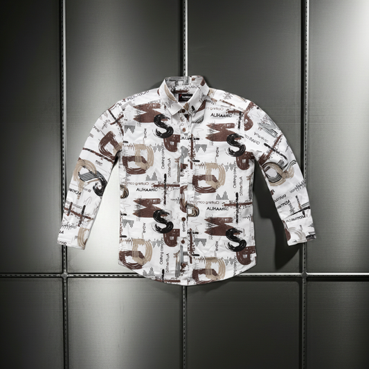 “Boys Printed Casual Shirt | Stylish Full Sleeve Shirt for Kids (2–12 Years) | Trendy Graphic Design | Comfortable (Regular, Brown)