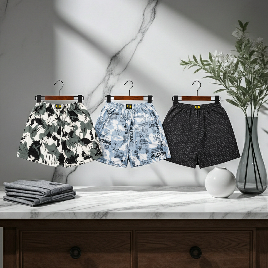 Men & Women Printed Boxer Shorts (Combo Pack of 3) Casual Regular Fit with Back Pocket.